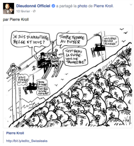Un dessin précédent de Pierre Kroll mis par Dieudonné sur sa page Facebook, sans le moindre commentaire. La preuve qu'il y a bien un problème à identifier ethniquement une profession (surtout si elle est soupçonnée de fraude récurrente).