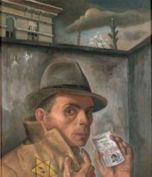 Felix Nussbaum († 1944 à Auschwitz) : autoportrait avec passeport juif (1943).